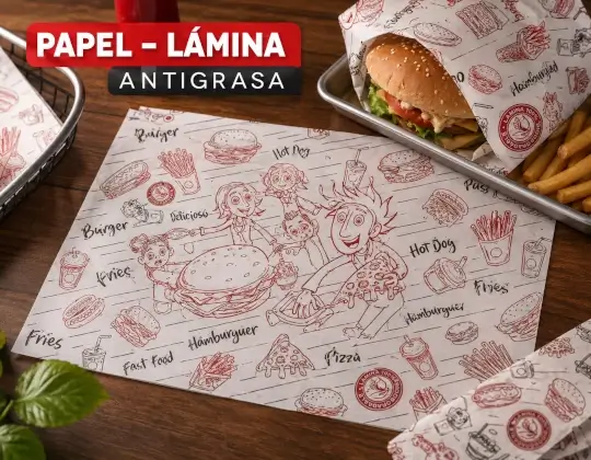 Papel y lámina antigrasa para hamburguesas, pizzas y comidas rápidas