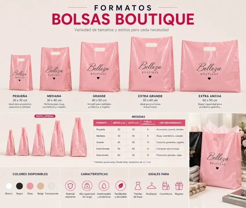 Bolsas plásticas boutique con manija troquelada, manija reforzada e impresión personalizada