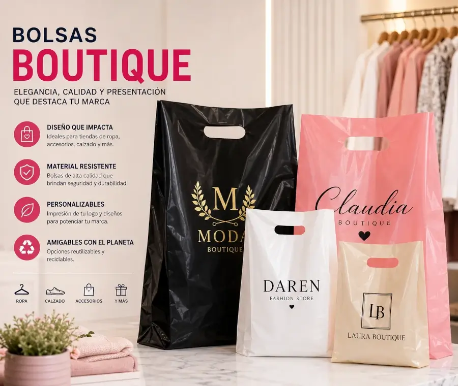 Bolsas plásticas boutique personalizadas para tiendas, moda, cosméticos y regalos
