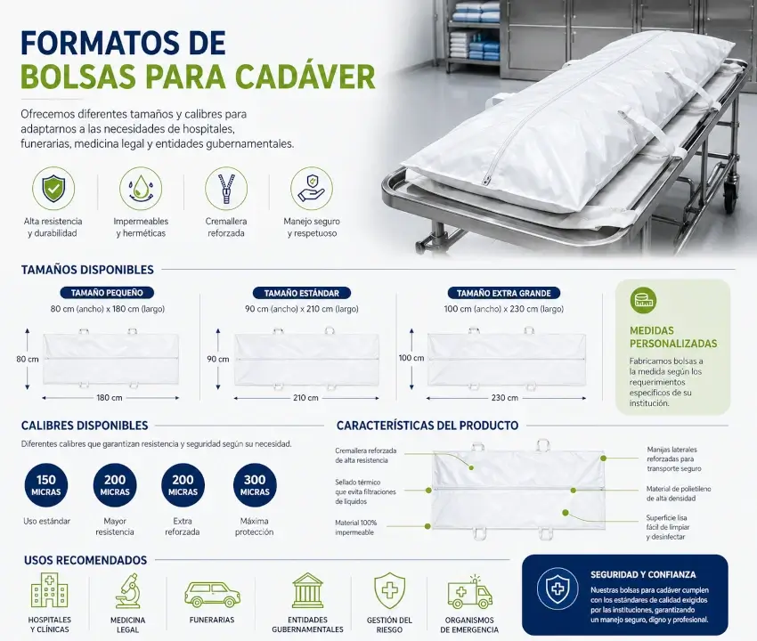 Bolsas para cadáver en PVC y polietileno con cremallera, diferentes medidas y opciones de manijas