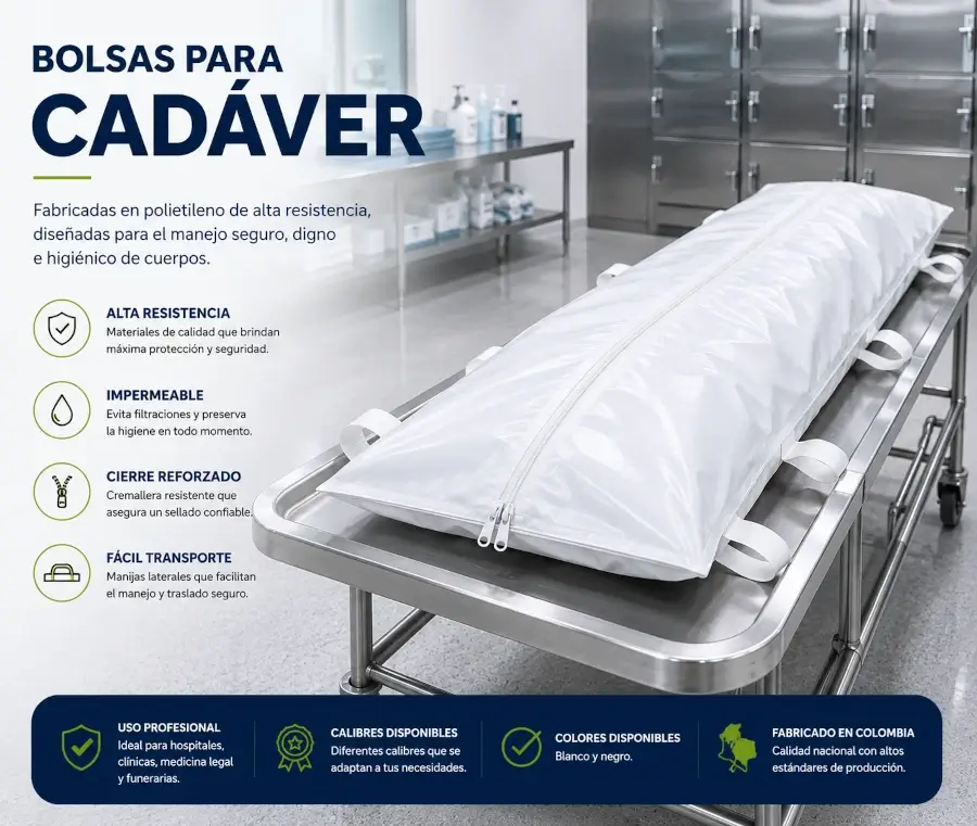 Bolsa para cadáver de alta resistencia con cremallera reforzada para uso institucional