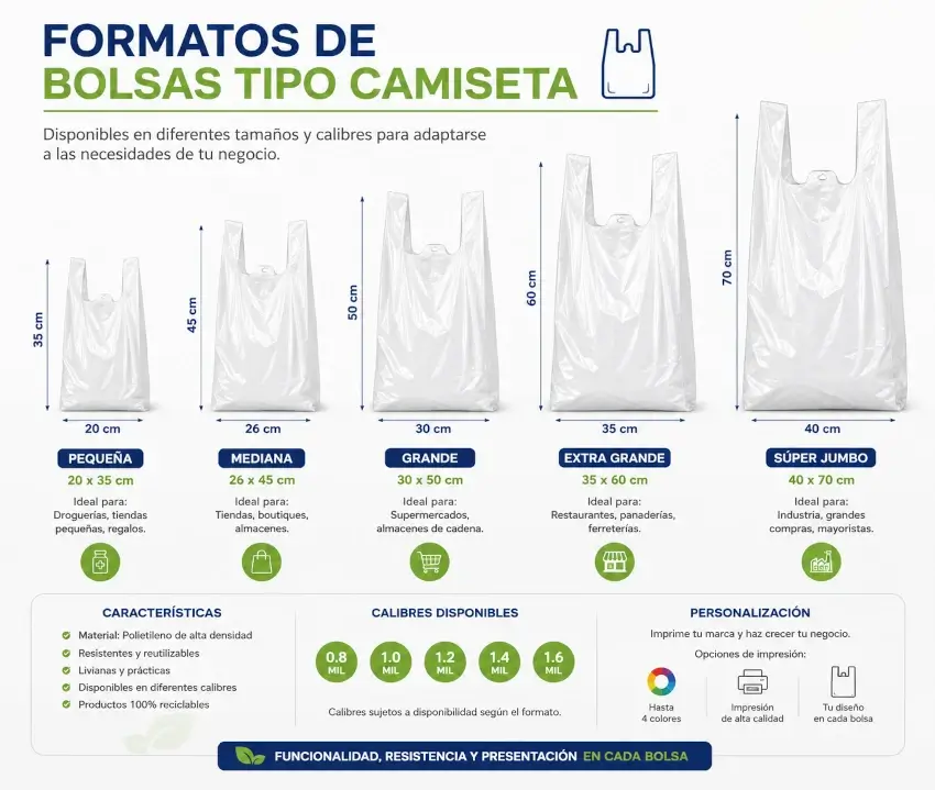 Bolsas tipo camiseta en diferentes tamaños, colores y calibres