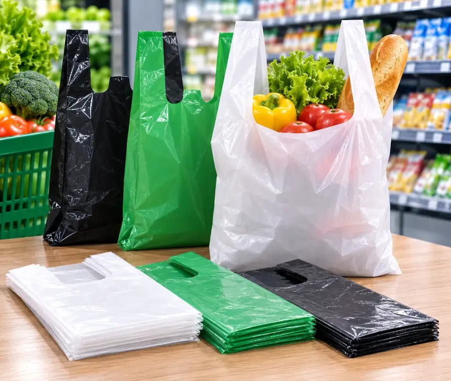 Bolsas plásticas tipo camiseta para supermercados, tiendas y comercio