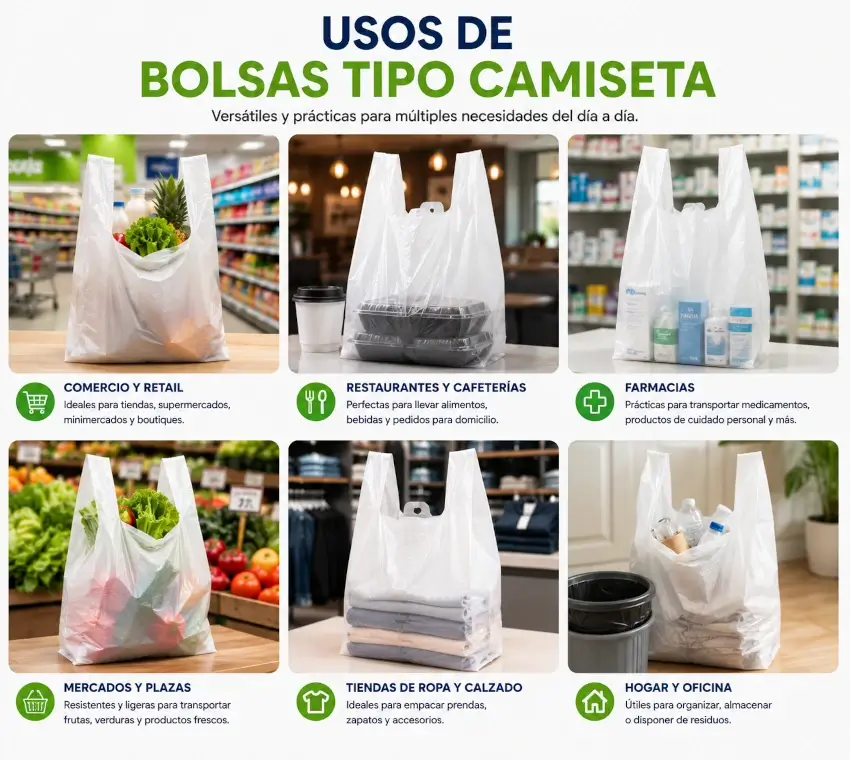 Persona transportando productos en bolsas plásticas tipo camiseta