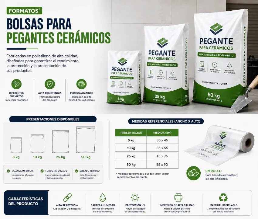 Bolsas para pegantes cerámicos en diferentes capacidades y presentaciones