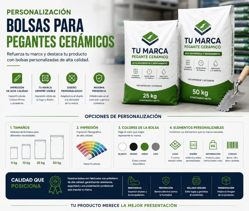 Diseño personalizado de bolsas para pegantes cerámicos y mezclas secas
