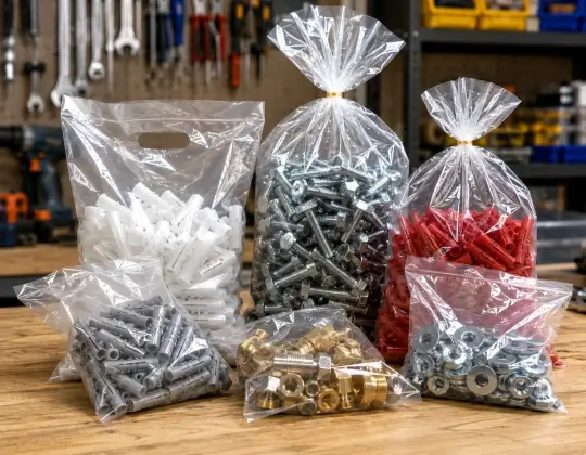 Tornillos y productos de ferretería empacados en bolsas de polietileno