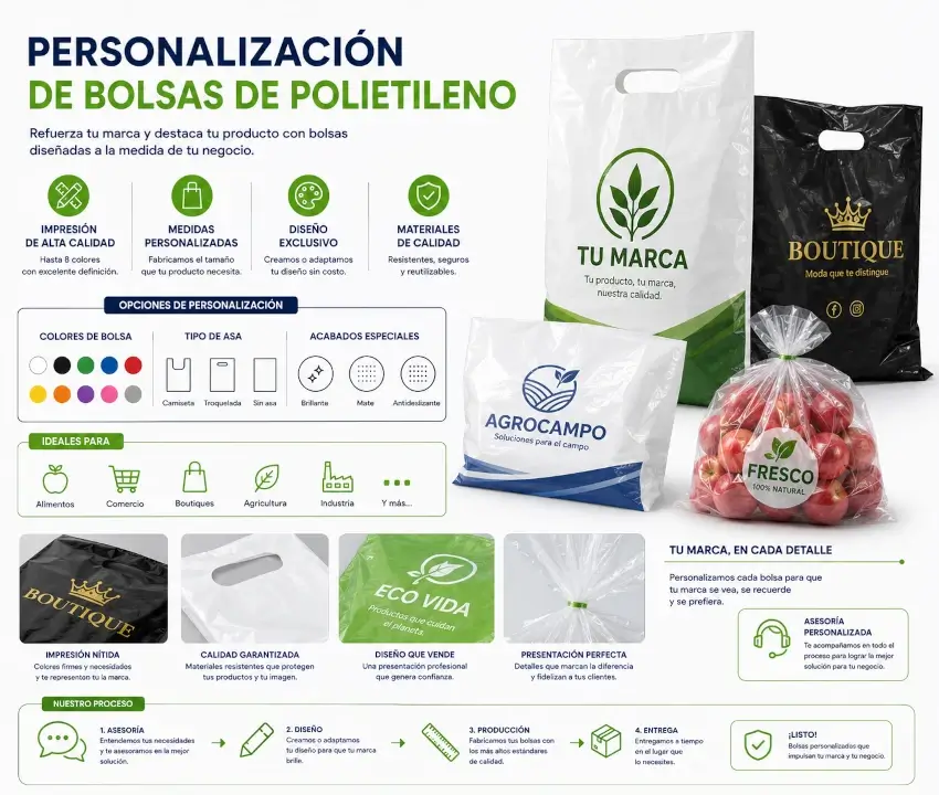 Desarrollo personalizado de bolsas de polietileno en diferentes medidas, colores y calibres