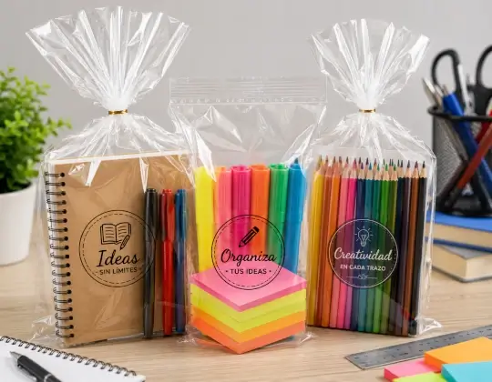 Cuadernos y artículos de papelería empacados en bolsas de polipropileno