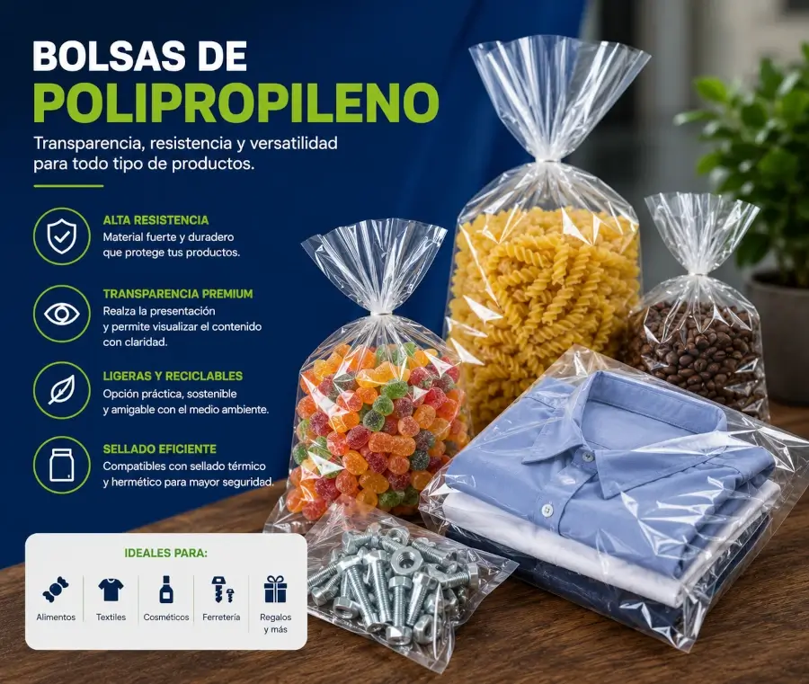 Bolsas transparentes de polipropileno para alimentos, textiles, papelería y productos comerciales