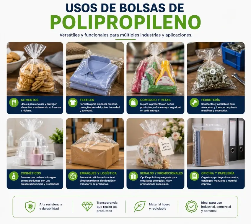 Productos comerciales empacados en bolsas transparentes de polipropileno