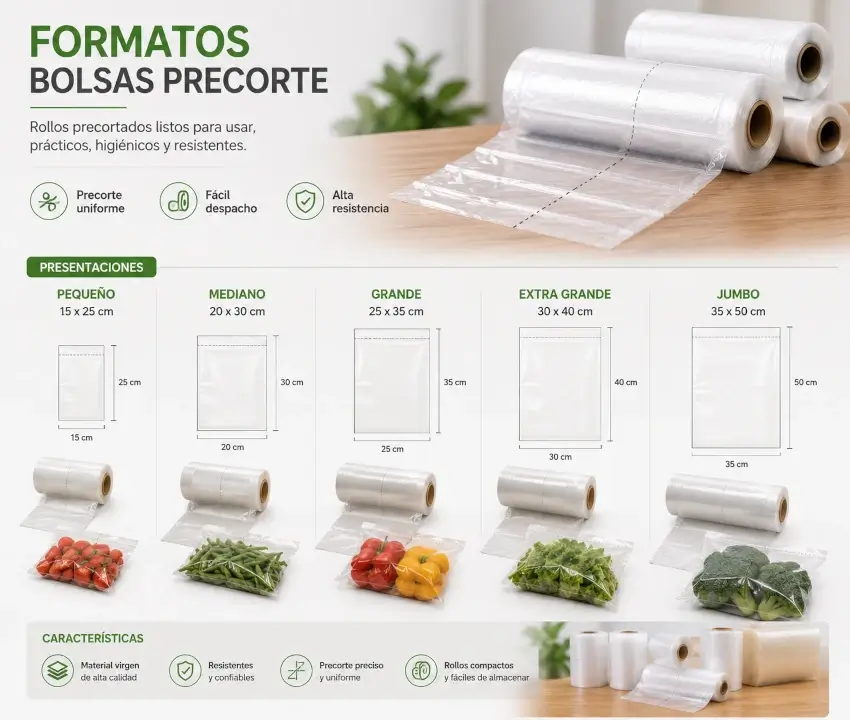 Rollos de bolsas precorte en diferentes anchos, largos y calibres