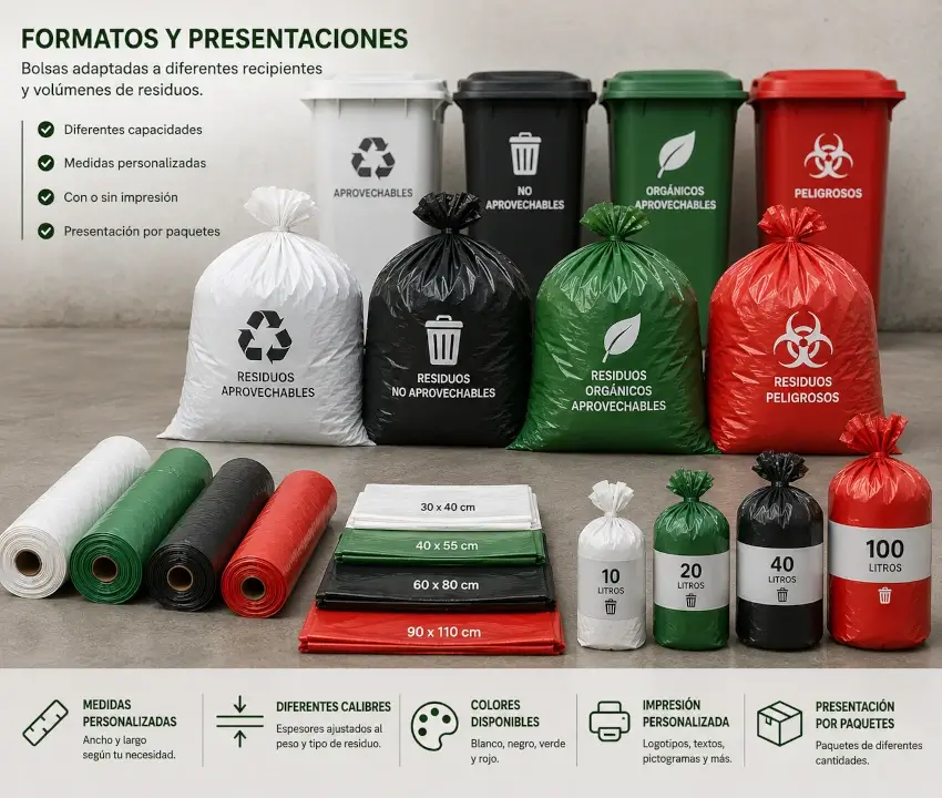 Bolsas blancas, negras, verdes y rojas para residuos en diferentes tamaños y capacidades