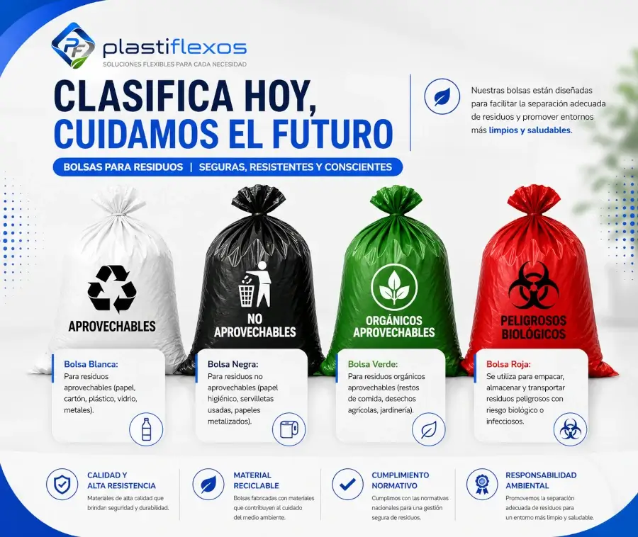 Bolsas blancas, negras, verdes y rojas para separación y gestión de residuos