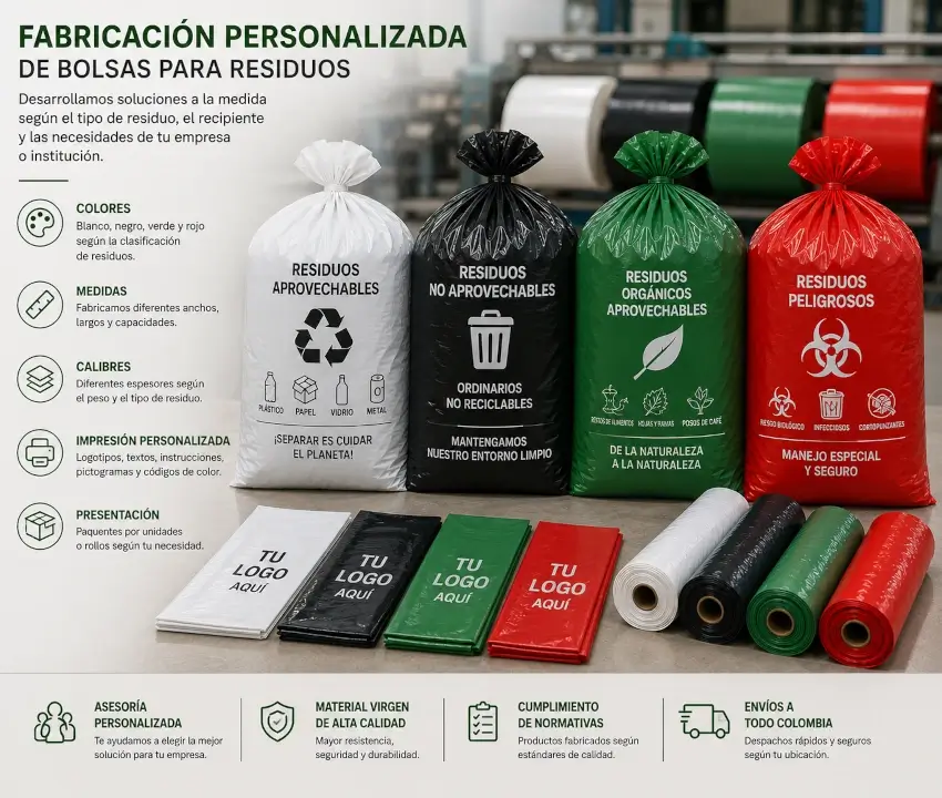 Fabricación personalizada de bolsas para residuos en diferentes colores, medidas y calibres
