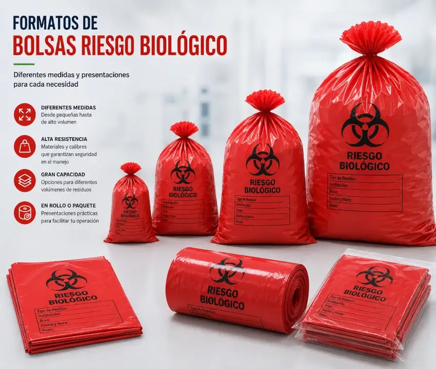 Bolsas rojas para riesgo biológico en diferentes tamaños, capacidades y presentaciones