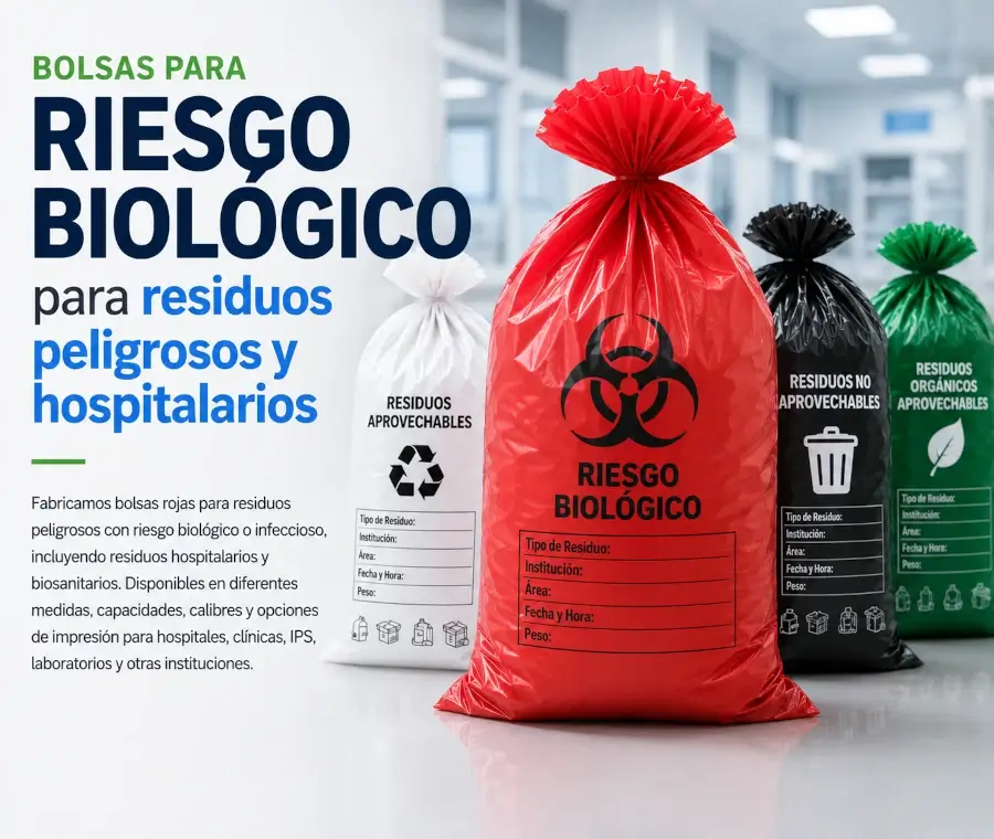 Bolsas rojas para riesgo biológico con símbolo de residuos biosanitarios