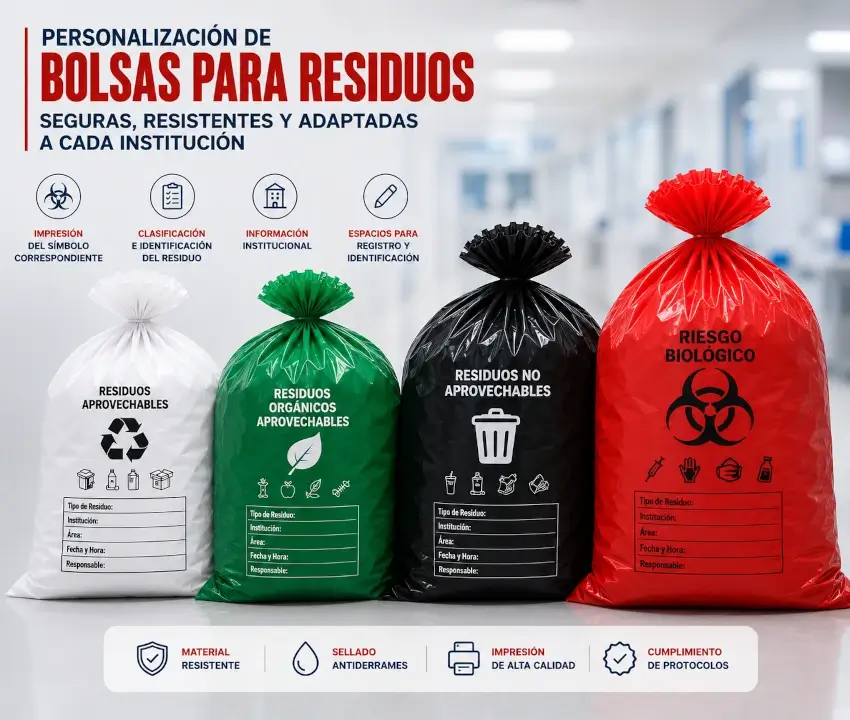Desarrollo personalizado de bolsas rojas para riesgo biológico con diferentes medidas, calibres e impresión