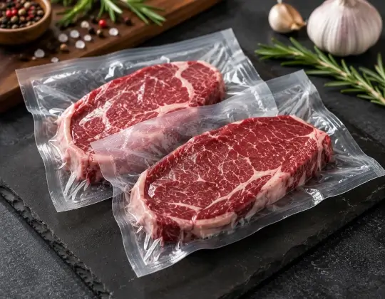 Carne empacada en bolsa transparente al vacío