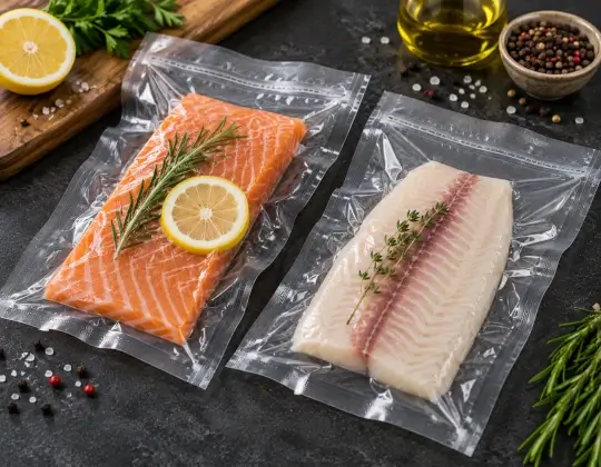Pescado empacado al vacío en bolsa transparente