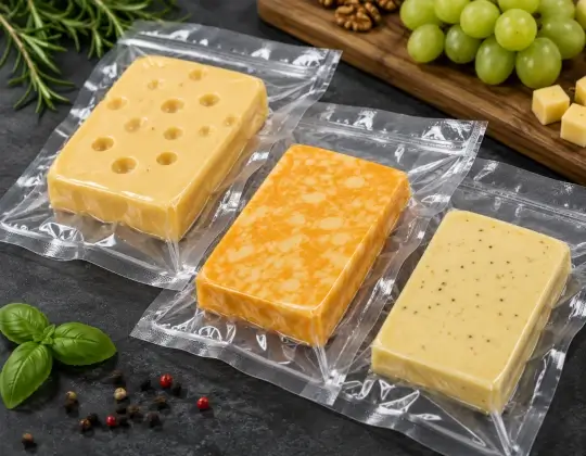 Quesos empacados en bolsas transparentes al vacío