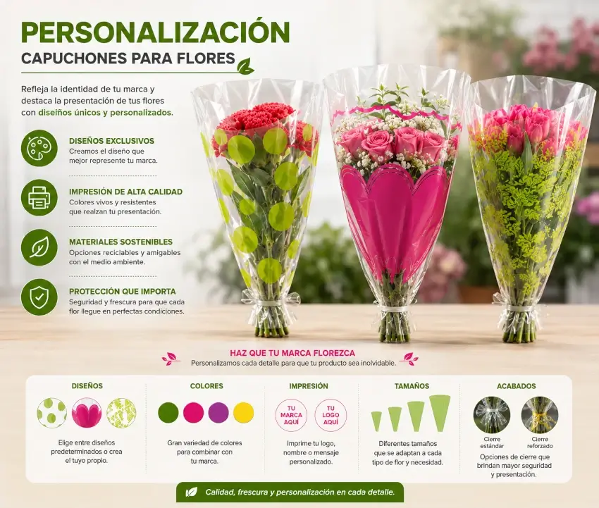 Capuchones plásticos personalizados para flores con diferentes medidas y acabados