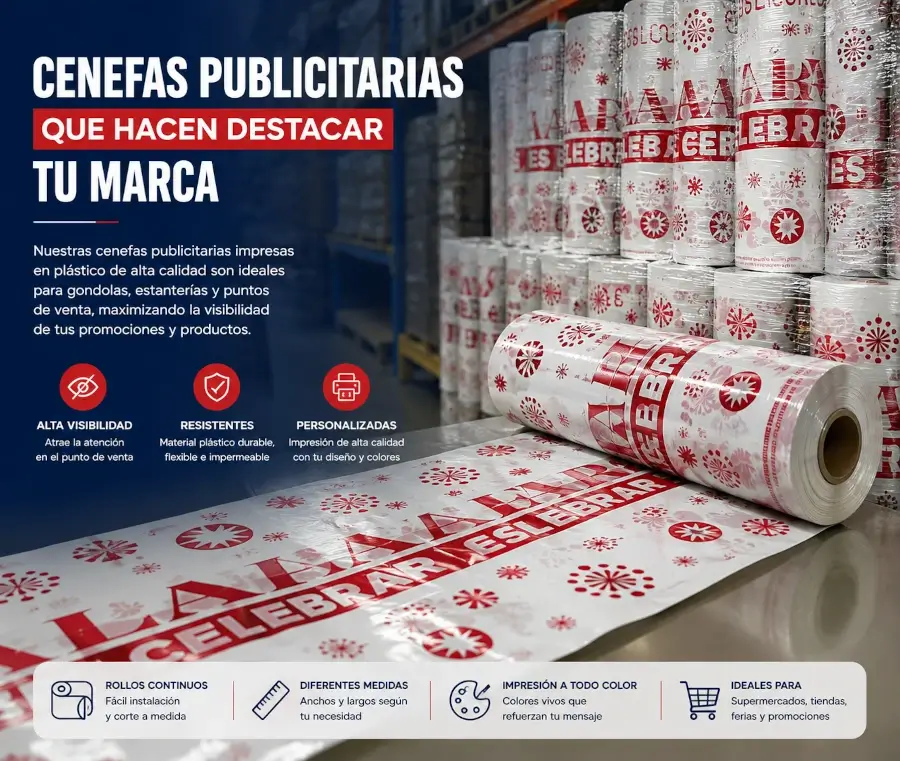 Cenefas publicitarias instaladas en góndolas comerciales