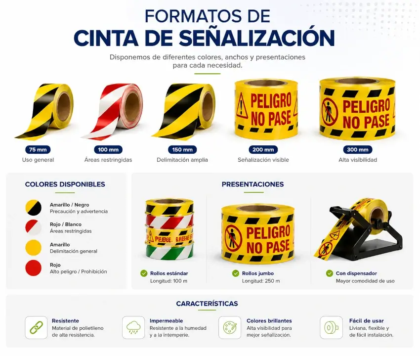 Rollos de cinta de señalización en diferentes colores, anchos y mensajes impresos