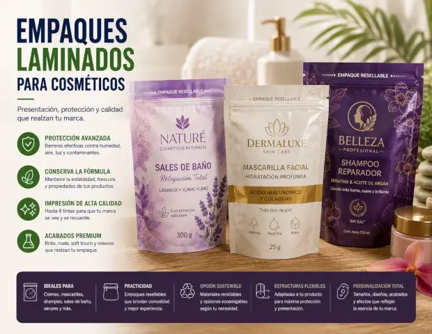 Empaques laminados personalizados para productos cosméticos y de cuidado personal