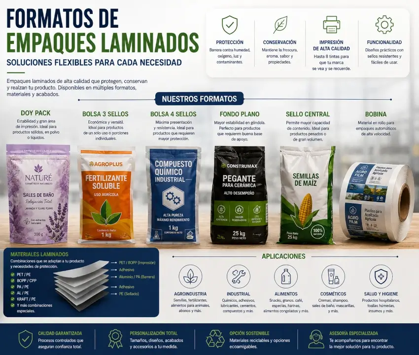 Empaques laminados en rollos, láminas y bolsas preformadas