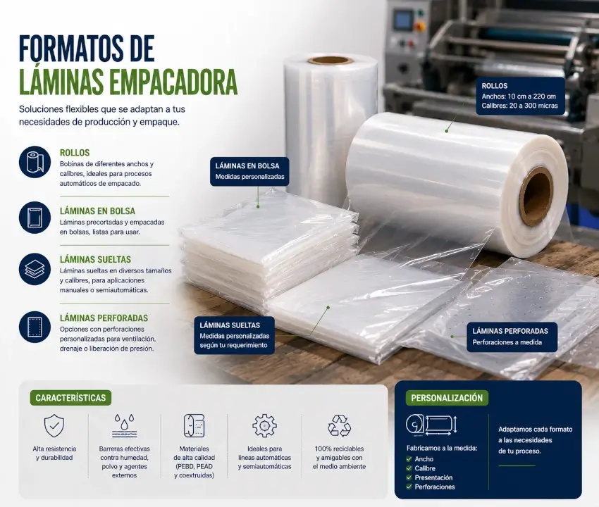 Rollos de lámina plástica en diferentes anchos y calibres para empacadoras automáticas