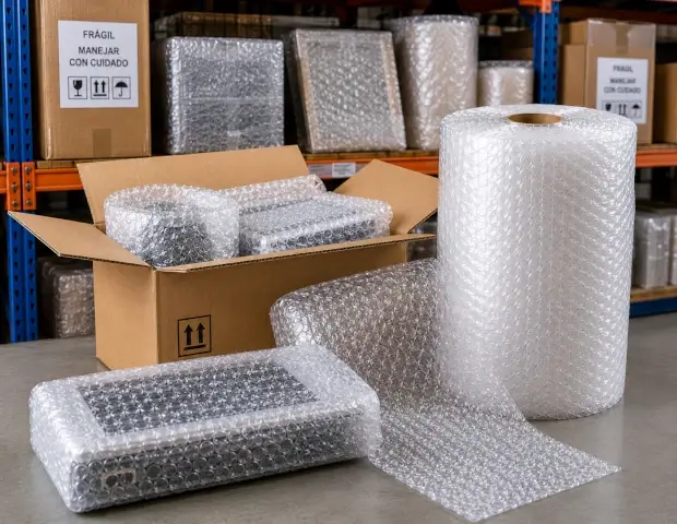 Productos protegidos con plástico burbujas durante almacenamiento en bodega
