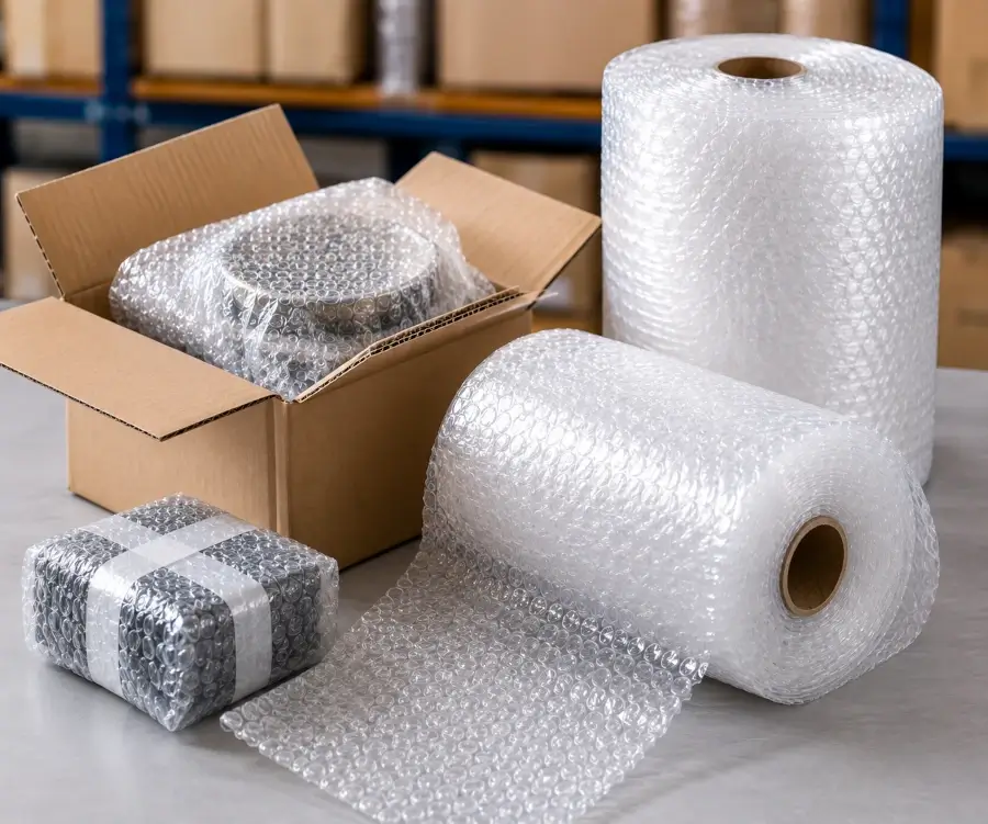 Rollos de plástico burbujas utilizados para proteger productos durante el embalaje
