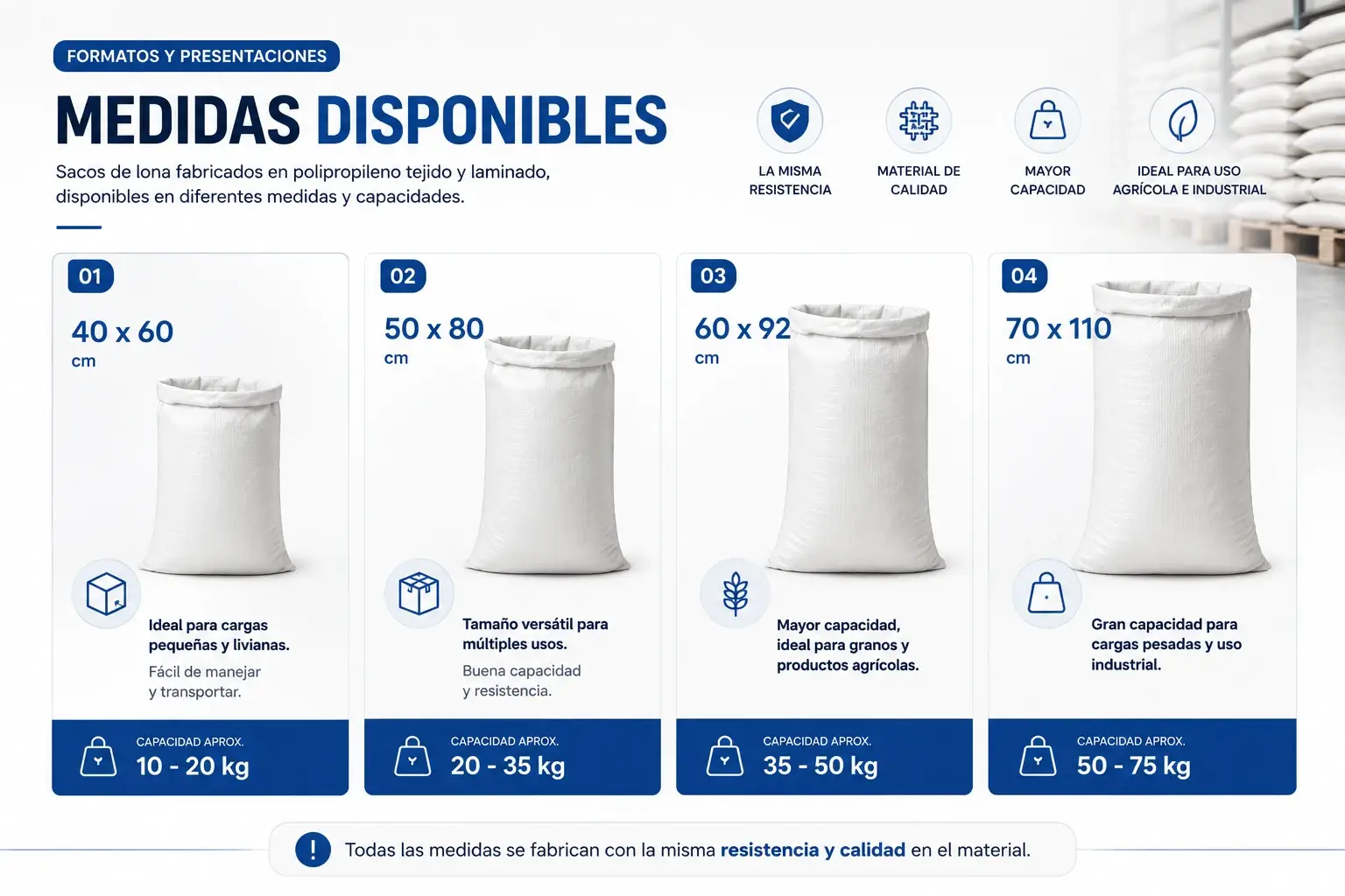 Comparación de sacos de lona en medidas de 40 por 60, 50 por 80, 60 por 92 y 70 por 110 centímetros