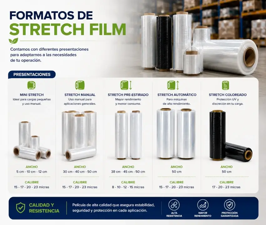 Rollos de stretch film transparente y negro en presentaciones manuales e industriales