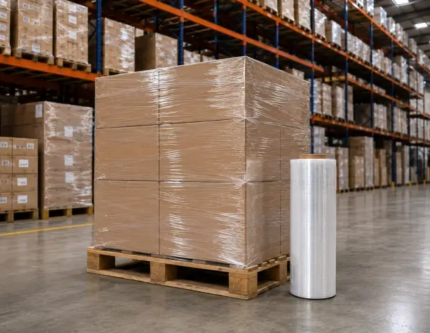 Mercancía almacenada y protegida con rollos de stretch film transparente